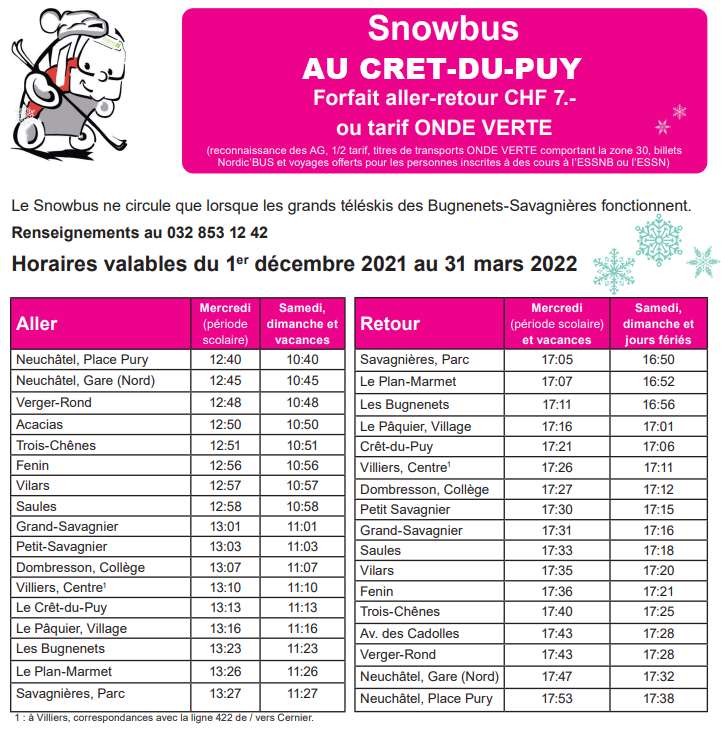 Horaire du Snowbus pour le Crêt-du-Puy